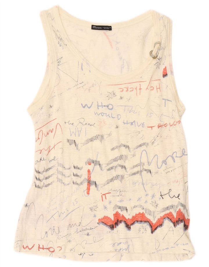 ZARA Womens Graphic Vest Top UK 14 Medium Off White Linen