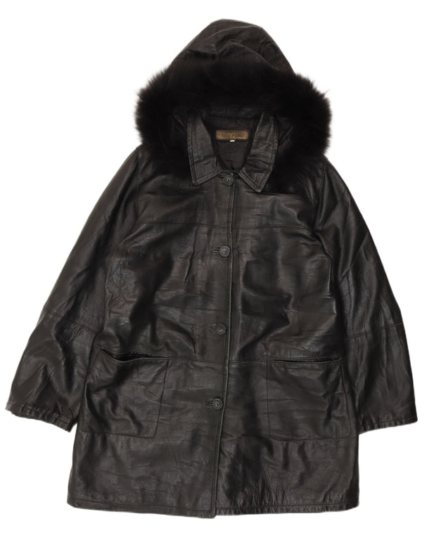 Casaco de couro com capuz feminino vintage IT 50 XL couro preto