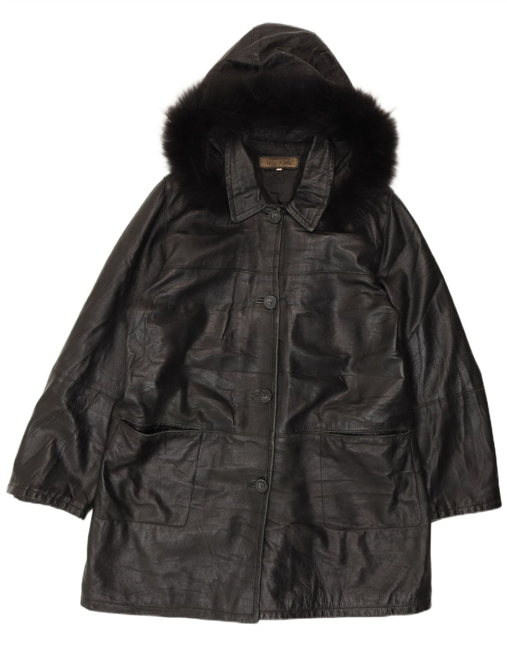 Casaco de couro com capuz feminino vintage IT 50 XL couro preto