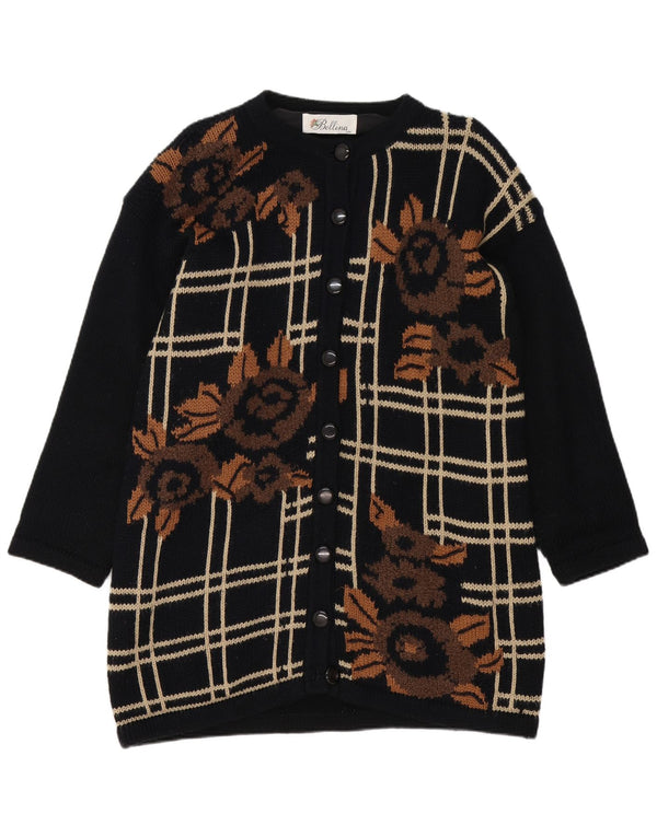 Bellina Suéter cardigã feminino com palangre grande, UK 10, pequeno, preto, floral