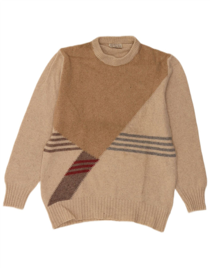 Suéter vintage masculino com gola redonda, grande bloco colorido bege