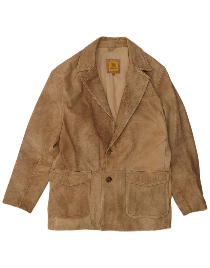 Jaqueta blazer masculina vintage de camurça com 2 botões Reino Unido 40 couro bege grande