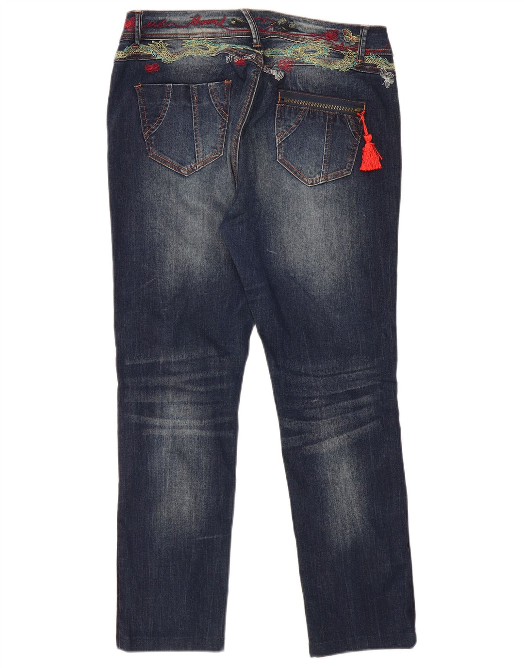 Desigual Jeans feminino gráfico slim W34 L29 azul marinho poliéster