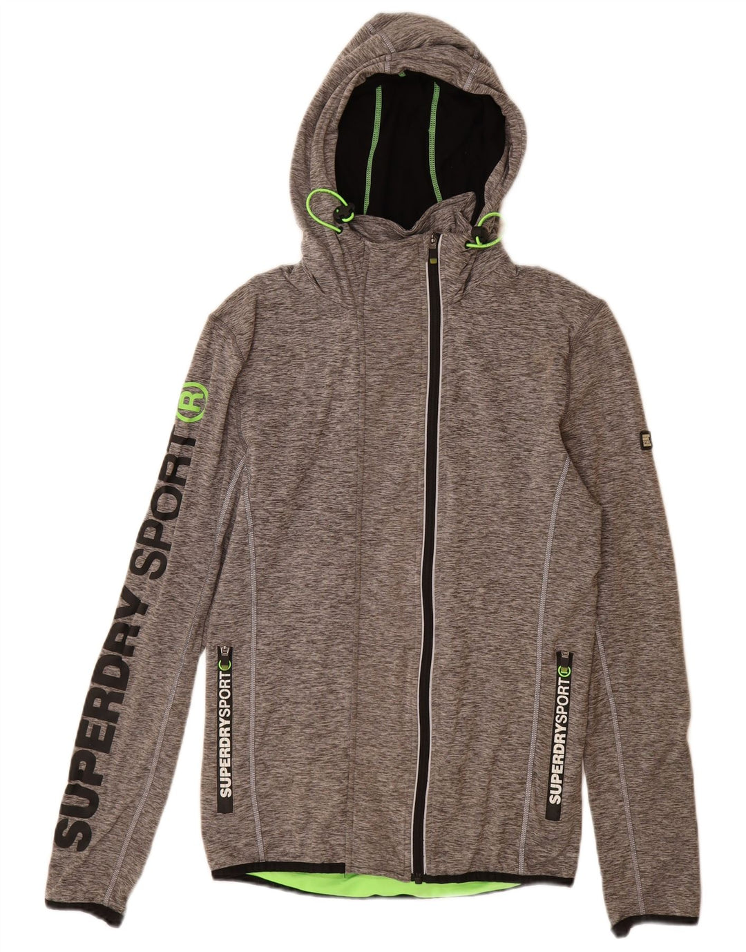 Suéter feminino SUPERDRY com capuz e zíper gráfico com ajuste atlético Reino Unido 12 cinza médio