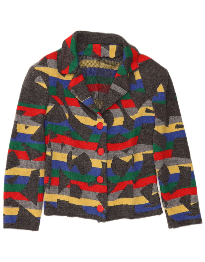Jaqueta blazer feminina vintage de malha com 4 botões Reino Unido 12 cinza médio geométrico