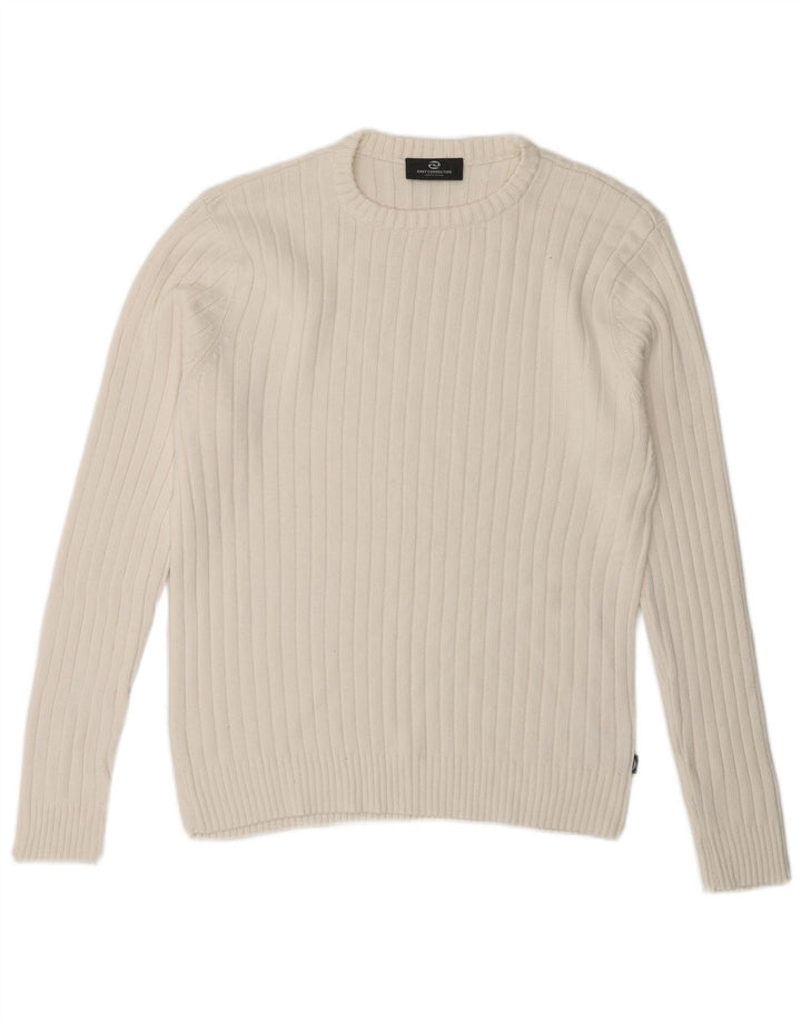 Suéter vintage masculino com gola redonda, pequeno algodão branco