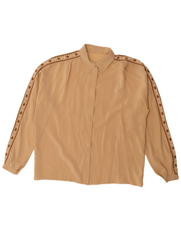 Blusa feminina vintage UK 16 grande bege geométrica
