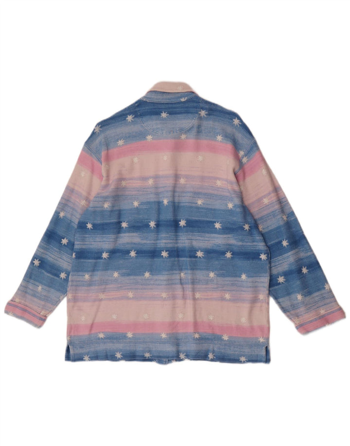 Blusa feminina vintage com padrão abstrato Reino Unido 16 grande listrada azul