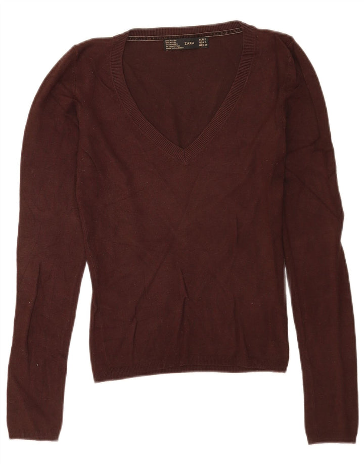 Suéter feminino Zara com decote em V Reino Unido 10 pequeno rayon marrom