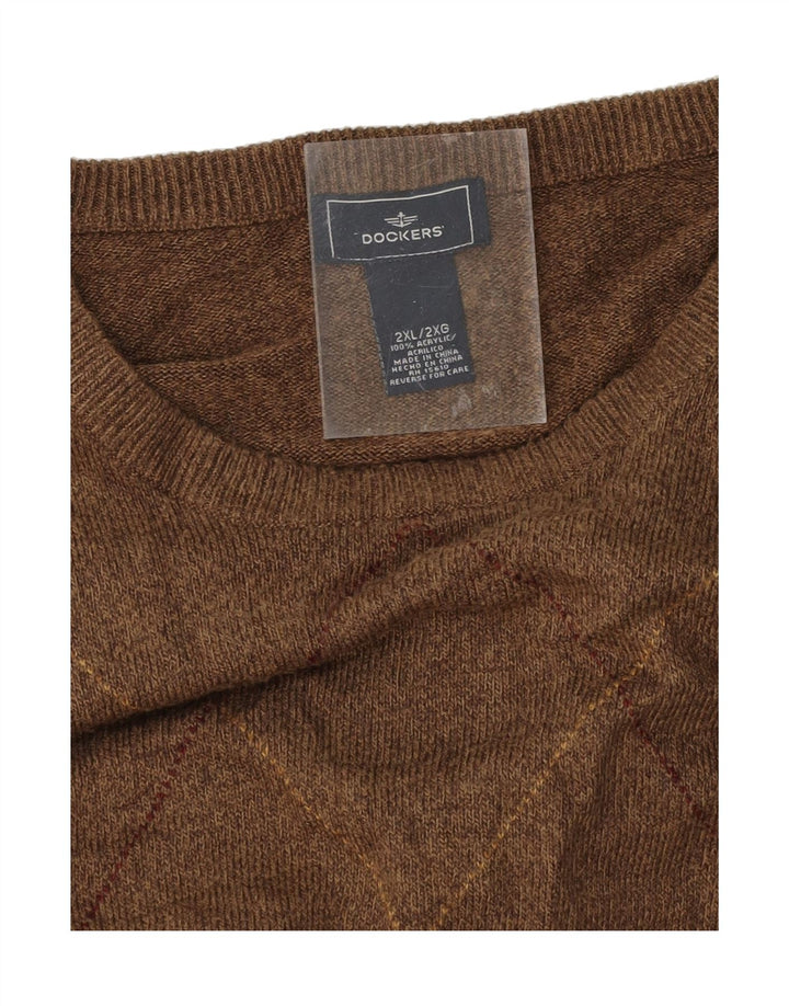 DOCKERS Mens Loose Fit Crew Neck Jumper Sweater 2XL Brown Argyle/Diamond Vintage Dockers and Second-Hand Dockers from Messina Hembry 