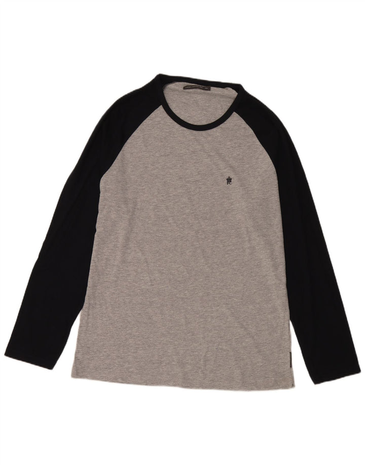French Connection Mens Top Manga Longa 2XL Algodão Colourblock Cinza