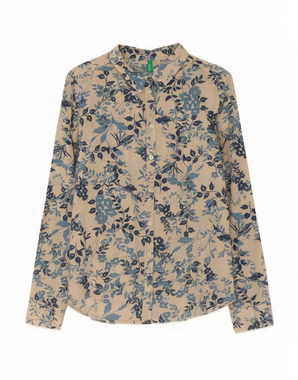 Camisa feminina Benetton UK 16 grande algodão floral azul