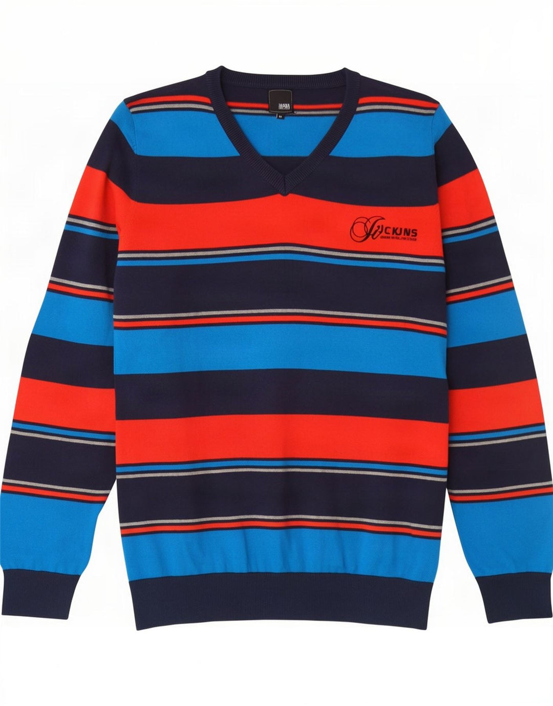 Suéter masculino Jack & Jones com decote em V médio listrado multicolorido de algodão