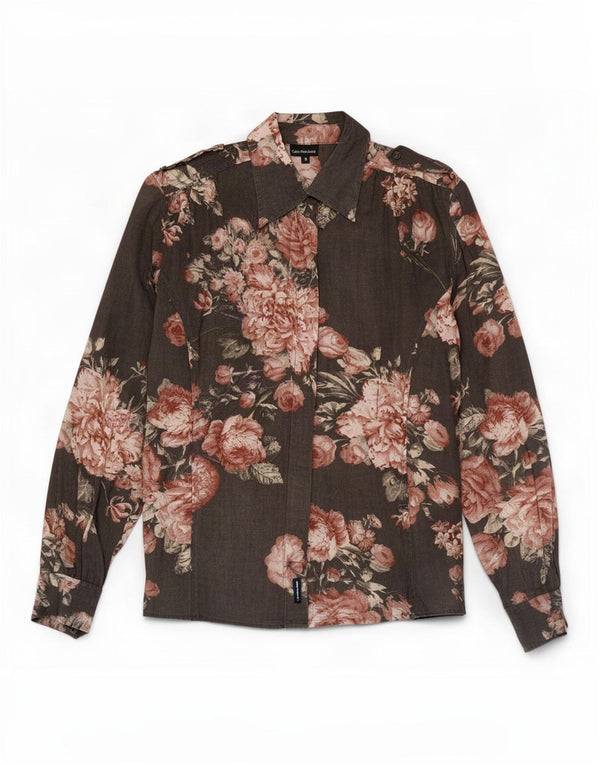Camisa militar feminina Calvin Klein Jeans Reino Unido 10 algodão floral cinza pequeno