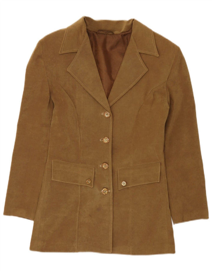 Jaqueta blazer feminina vintage com 4 botões UK 10 pequena cáqui