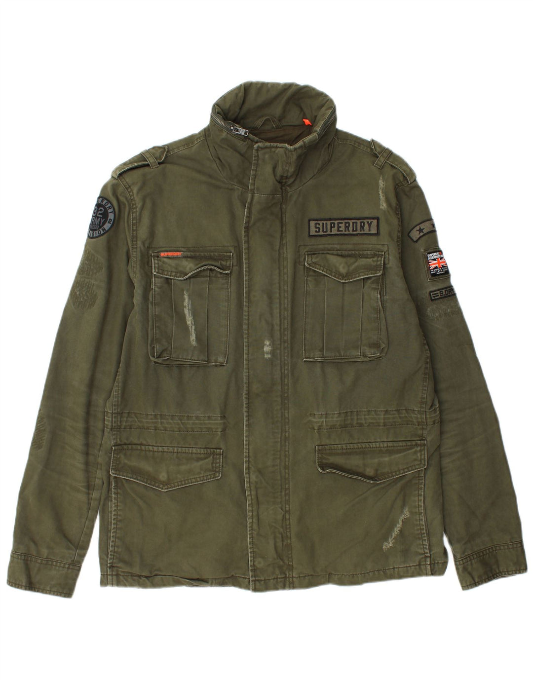 Jaqueta militar masculina SUPERDRY com estampa envelhecida UK 44 2XL algodão cáqui