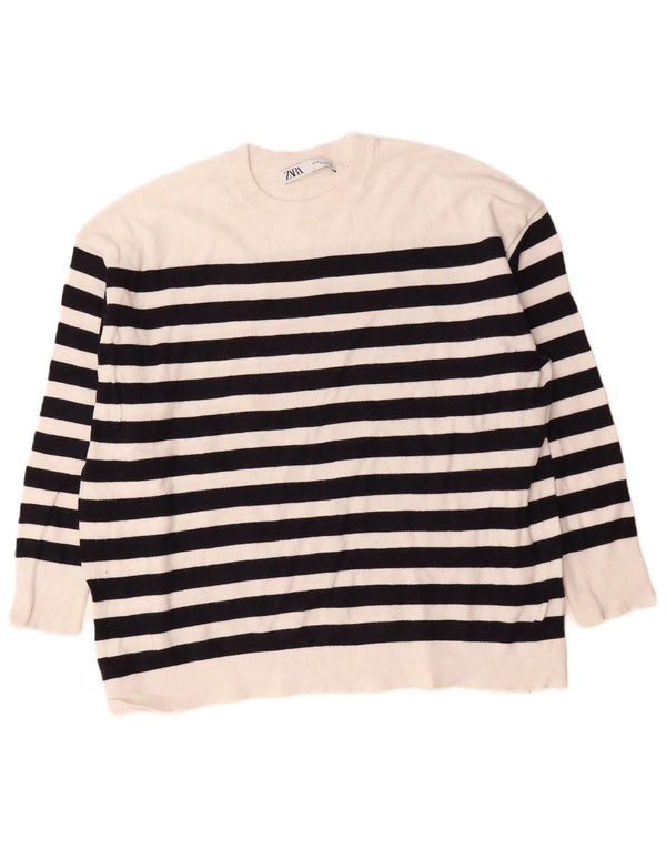 Suéter feminino Zara com gola redonda grande e listrado branco médio UK 14