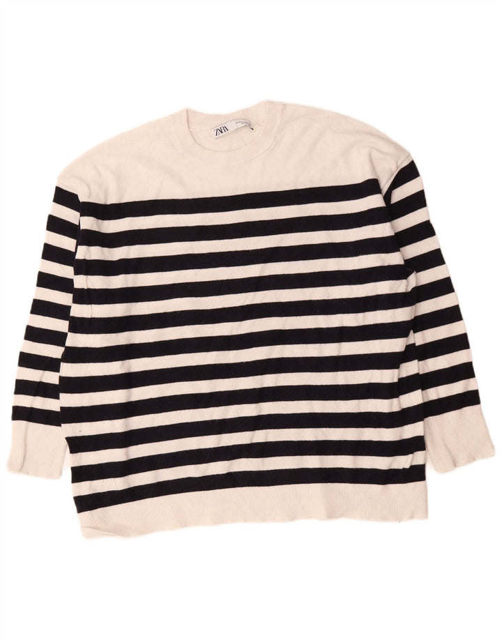 Suéter feminino Zara com gola redonda grande e listrado branco médio UK 14