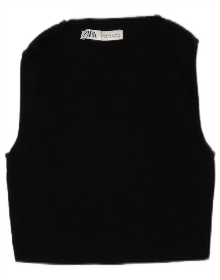 Zara Womens Crop Vest Top UK 12 Medium Black Viscose