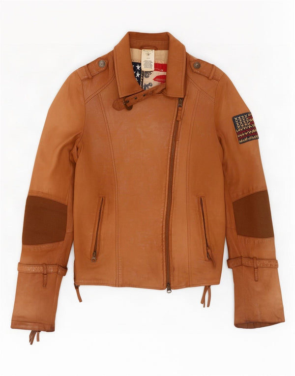 Jaqueta feminina de couro para motociclista True Religion Reino Unido 10 bloco colorido bege pequeno