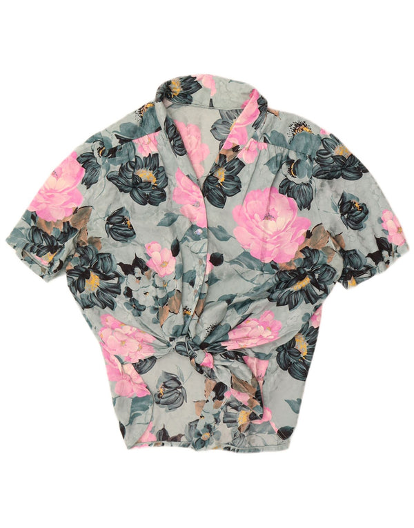 Blusa feminina vintage de manga curta com gravata frontal UK 18 XL azul floral