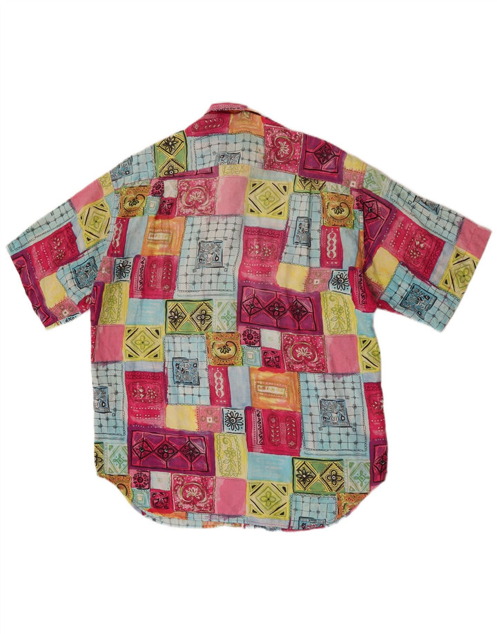 Camisa masculina vintage de manga curta com retalhos multicoloridos médios