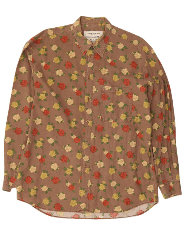 Camisa Masculina Vintage Grande Marrom Floral