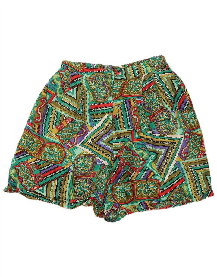 Shorts casuais femininos vintage de perna larga médio W28 verde patchwork seda