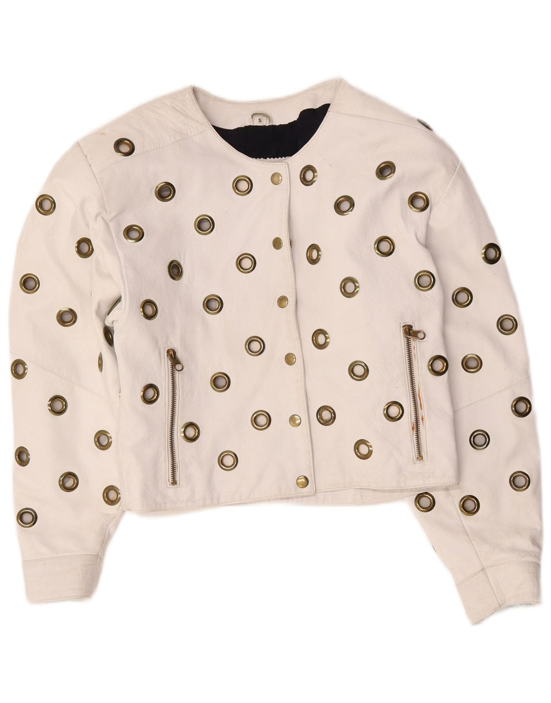 Jaqueta de couro vintage feminina UK 10 couro branco pequeno