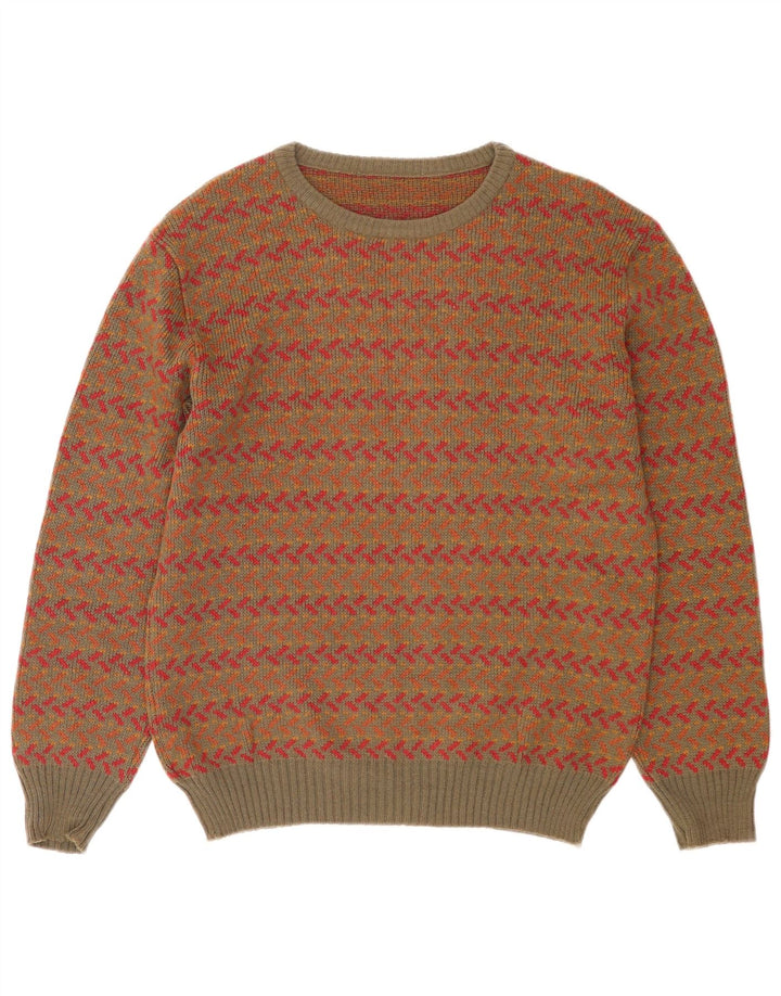 Suéter masculino vintage com gola redonda, lã geométrica cáqui média