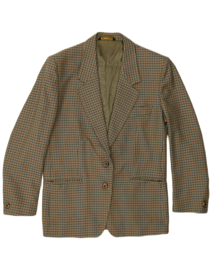 Jaqueta blazer feminina vintage com 2 botões Reino Unido 14 médio cáqui houndstooth