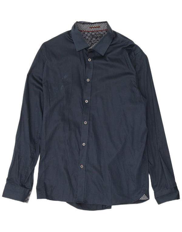 Camisa masculina Ted Baker tamanho 6 2XL algodão azul marinho