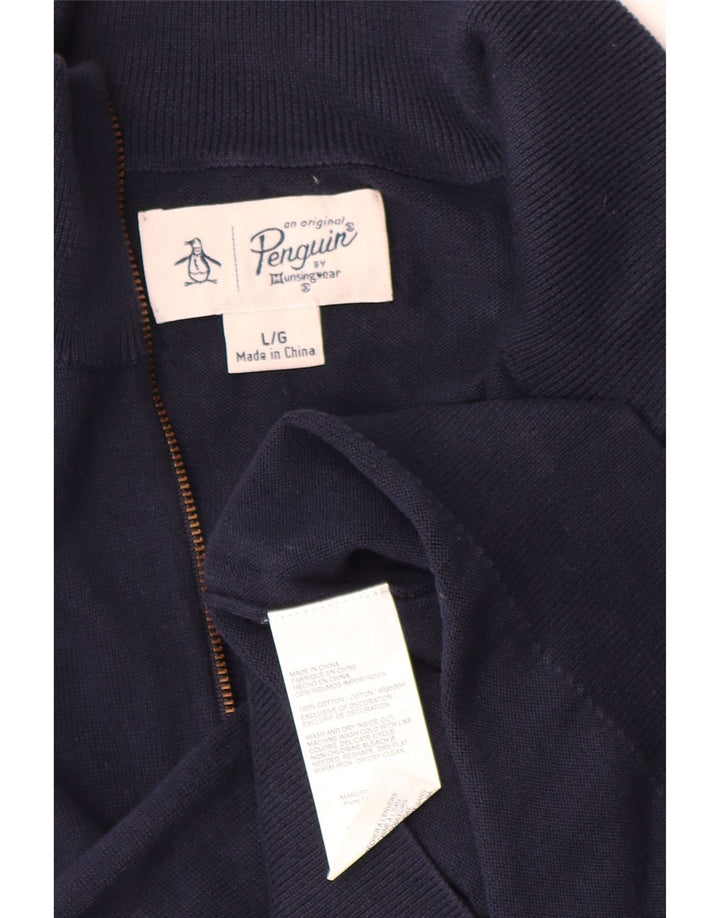 Suéter masculino Penguin com zíper e gola grande de algodão azul marinho