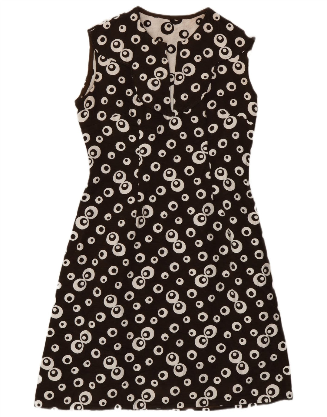 Vestido vintage feminino com estampa abstrata sem mangas em linha A Reino Unido 8 pequeno marrom