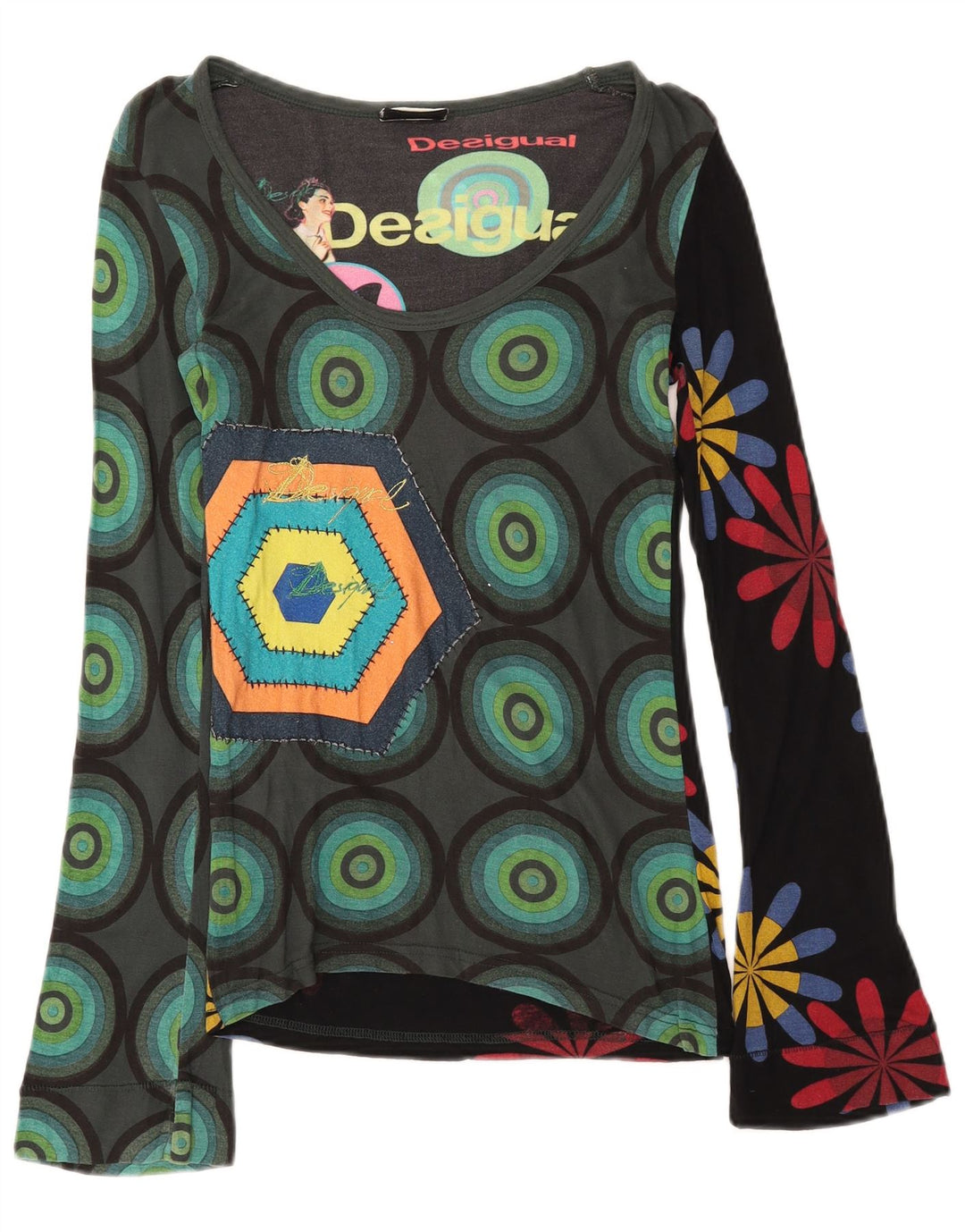 Top gráfico feminino Desigual manga comprida UK 8 pequeno viscose multicolorida