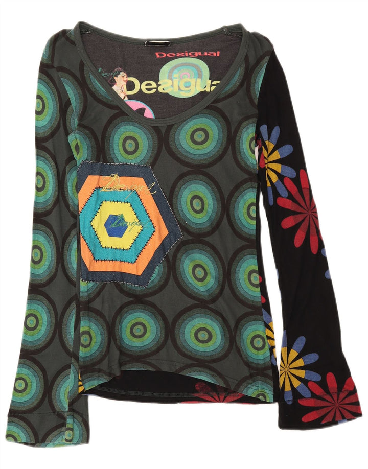 Top gráfico feminino Desigual manga comprida UK 8 pequeno viscose multicolorida