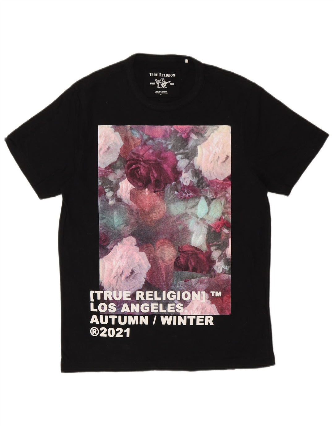 Camiseta gráfica masculina TRUE RELIGION, pequena, preta, floral, de algodão