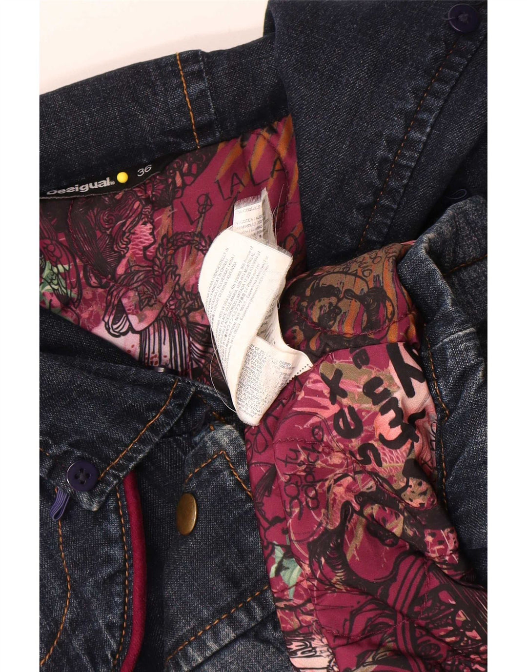 Desigual Casaco jeans feminino oversized gráfico UE 36 pequeno azul marinho floral
