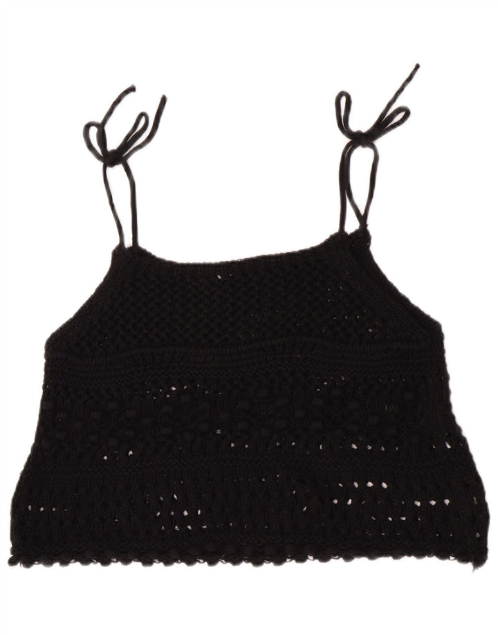 Zara Top feminino de crochê sem mangas UK 12 médio preto