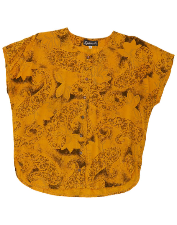 Blusa feminina vintage de manga curta UK 10 pequena Paisley amarelo