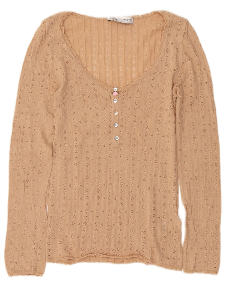 Top feminino Zara manga comprida UK 10 pequeno algodão bege