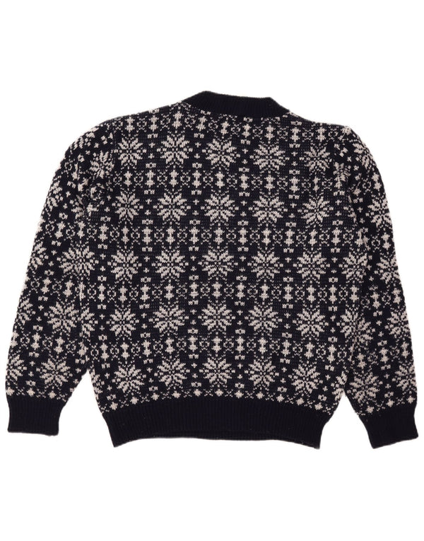 Suéter vintage masculino com gola redonda grande azul marinho Fair Isle