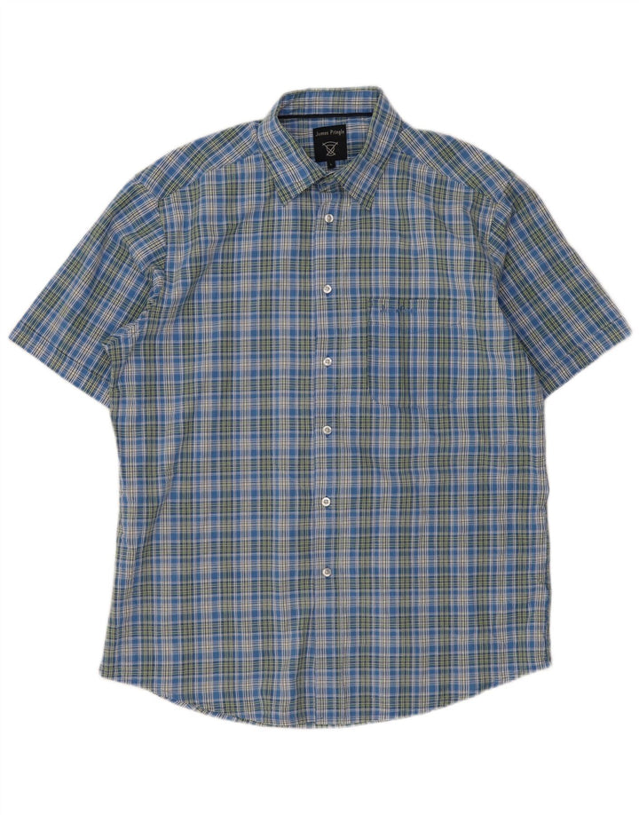 Camisa masculina James Pringle de manga curta grande poliéster xadrez azul