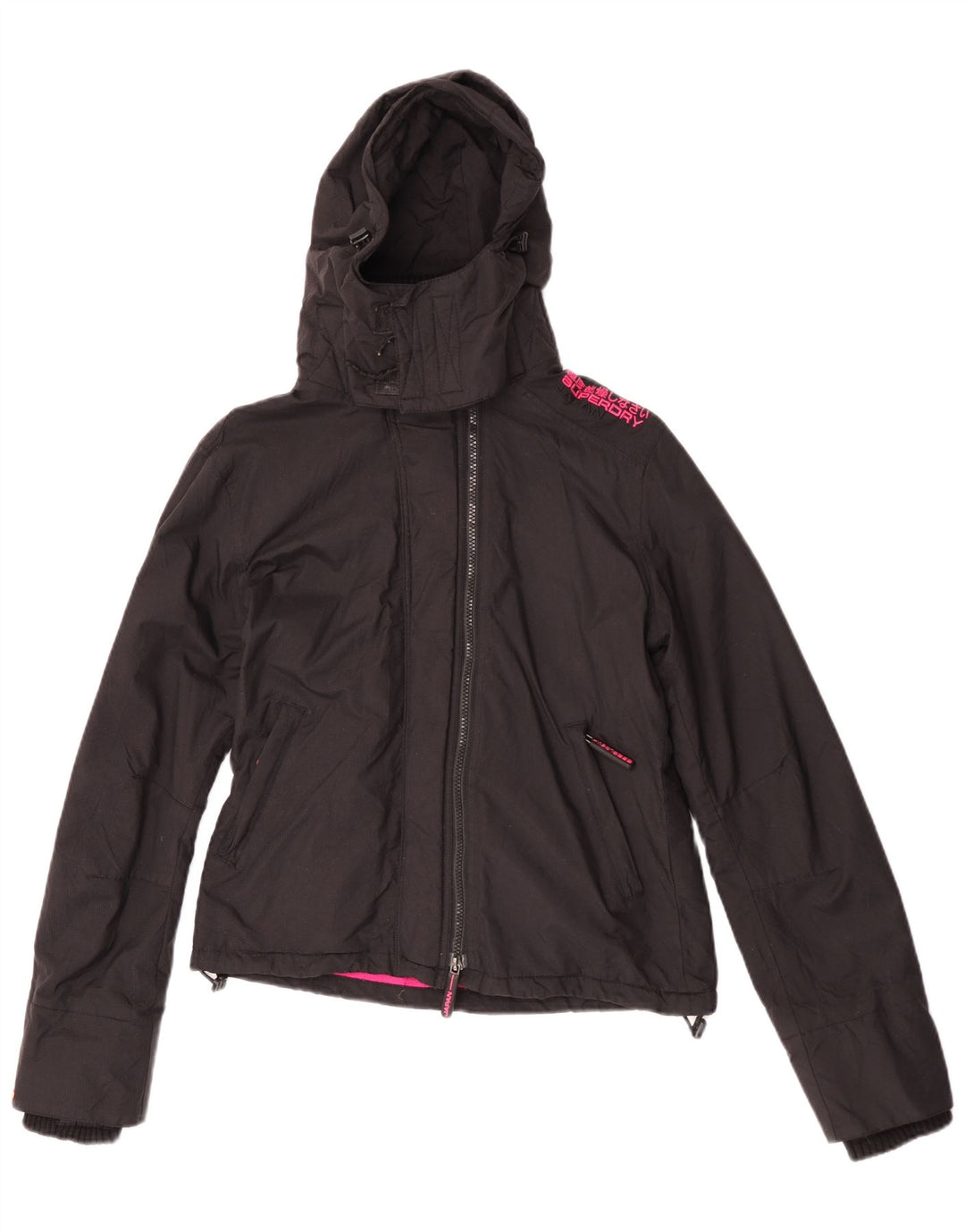 Jaqueta corta-vento feminina Superdry com capuz UK 14 médio preto nylon