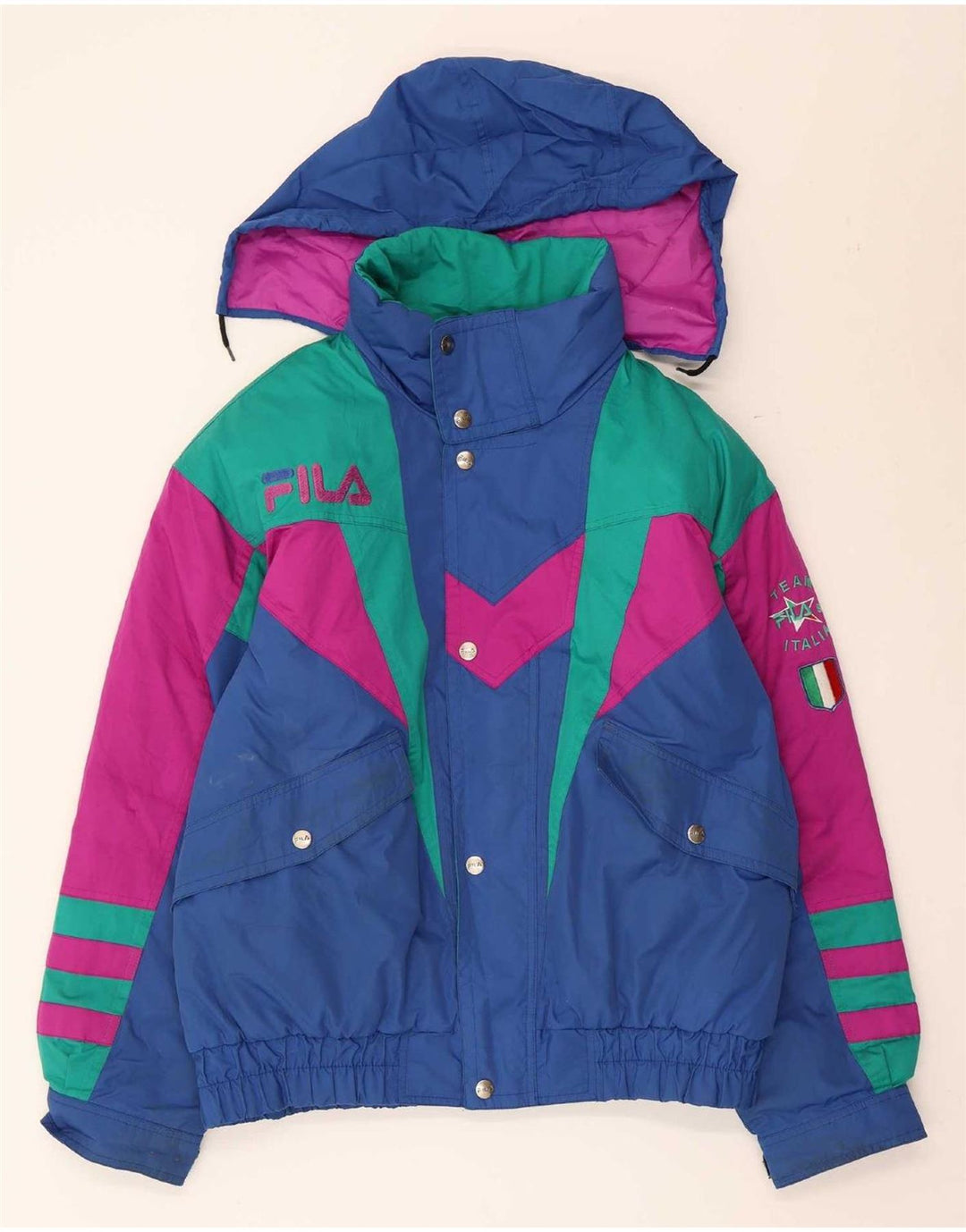 Jaqueta de esqui masculina Fila Graphic com capuz UK 40 poliéster colorblock azul médio