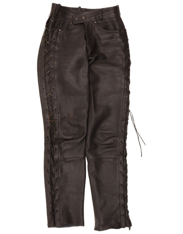 Calças de couro cônico feminino vintage W30 L34 couro preto