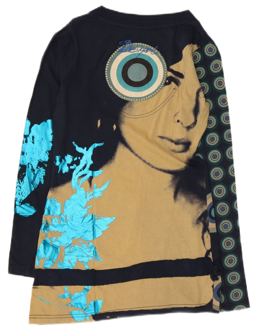 Desigual Top gráfico feminino manga comprida Reino Unido 10 pequeno azul marinho