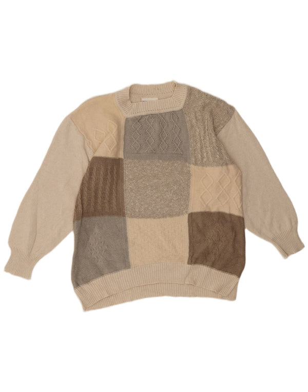 Suéter feminino vintage com gola redonda UE 42 patchwork bege grande