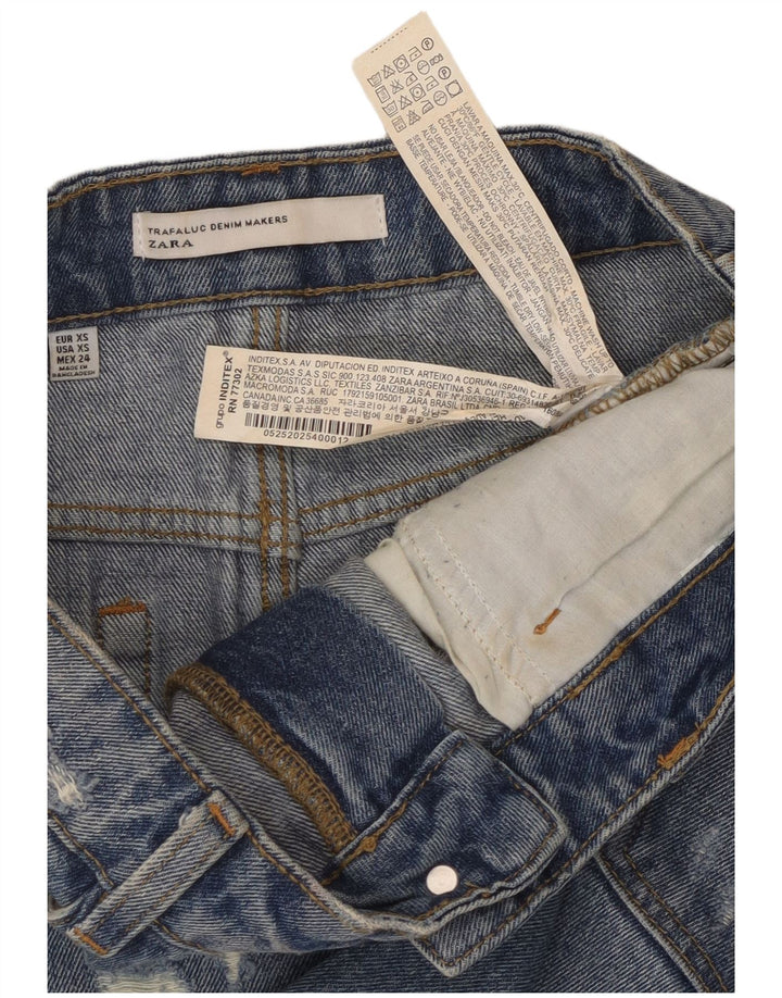 ZARA Mini saia jeans feminina Trafaluc desgastada XS W24 algodão azul