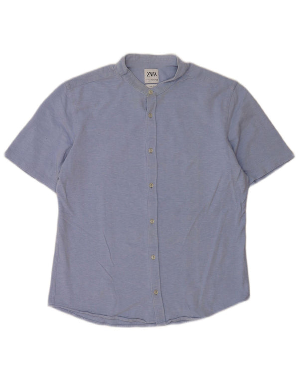 Zara Camisa masculina de manga curta slim fit azul médio